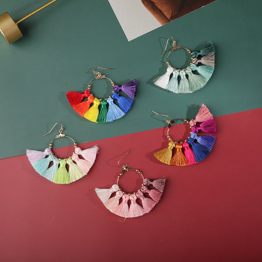 Pendientes de abanico con borlas hechos a mano con aleación geométrica étnica bohemia unisex