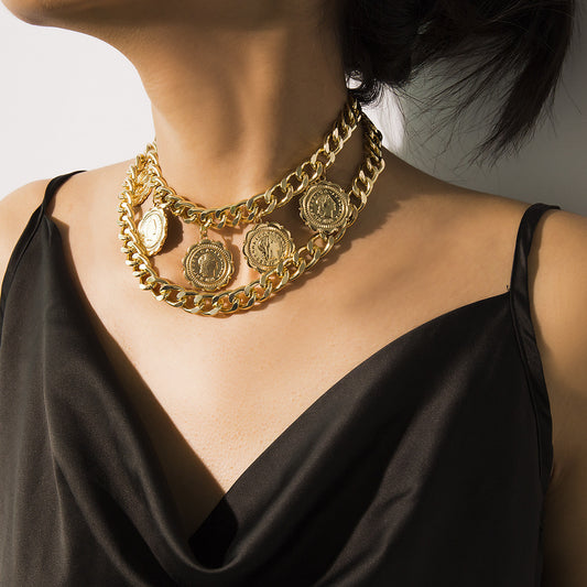 Collana con pendente a ritratto a U geometrica stile punk vintage da donna con catena incrociata in lega
