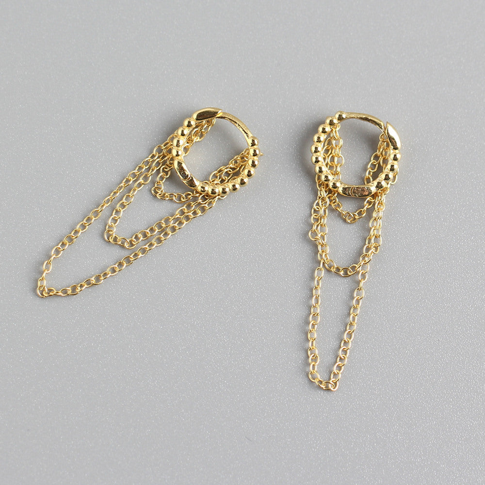 Sweet Streetwear 925 Sterling Silver Round Geometric Hoop Earrings with Tassel and Multi-layer Chains