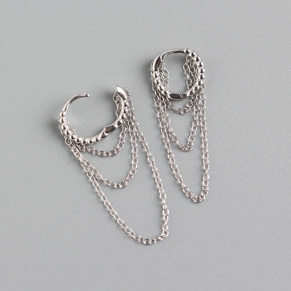 Sweet Streetwear 925 Sterling Silver Round Geometric Hoop Earrings with Tassel and Multi-layer Chains