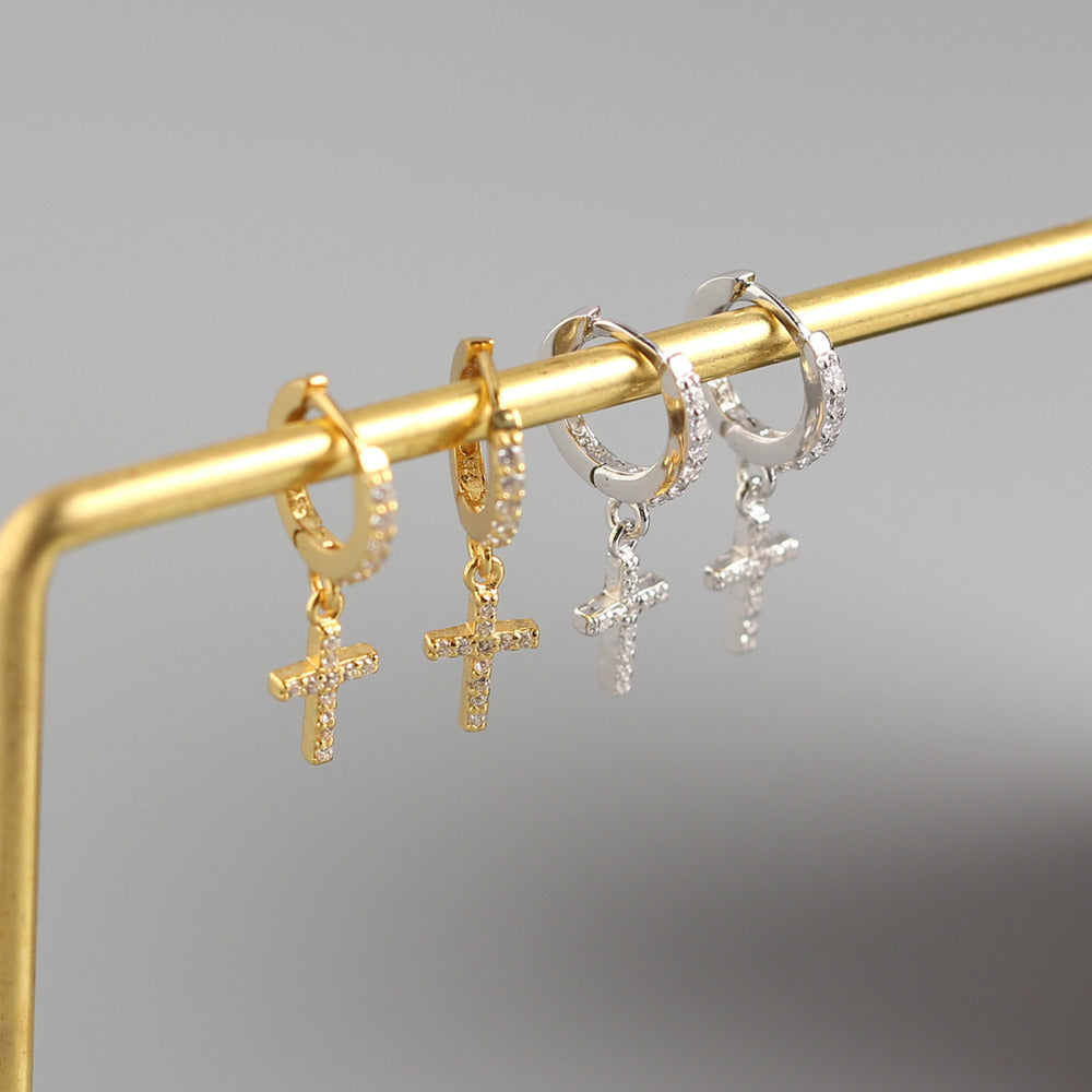 Sweet Minimalist 925 Sterling Silver Cross Rhinestone Inlay Hoop Earrings for Women