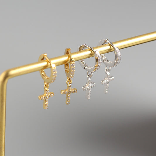 Sweet Minimalist 925 Sterling Silver Cross Rhinestone Inlay Hoop Earrings for Women