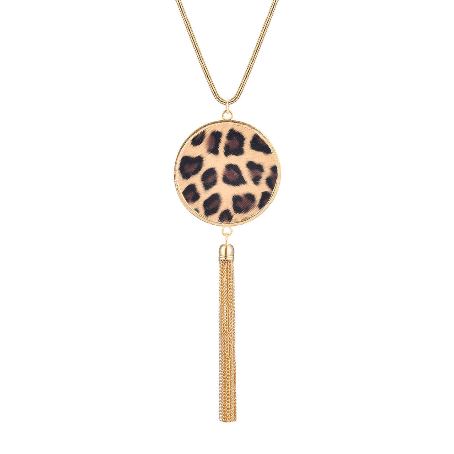 Geometric Leopard Print Plated Alloy Long Tassel Pendant Necklace