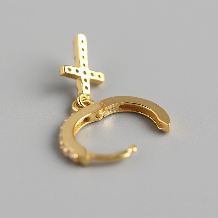 Sweet Minimalist 925 Sterling Silver Cross Rhinestone Inlay Hoop Earrings for Women
