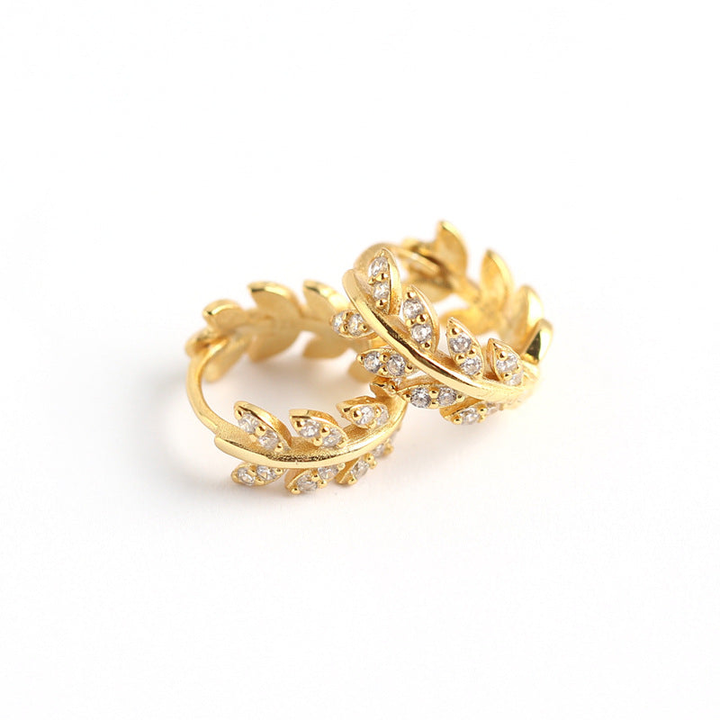 Luxury Elegant 925 Sterling Silver Leaf Rhinestone Inlay Hoop Earrings