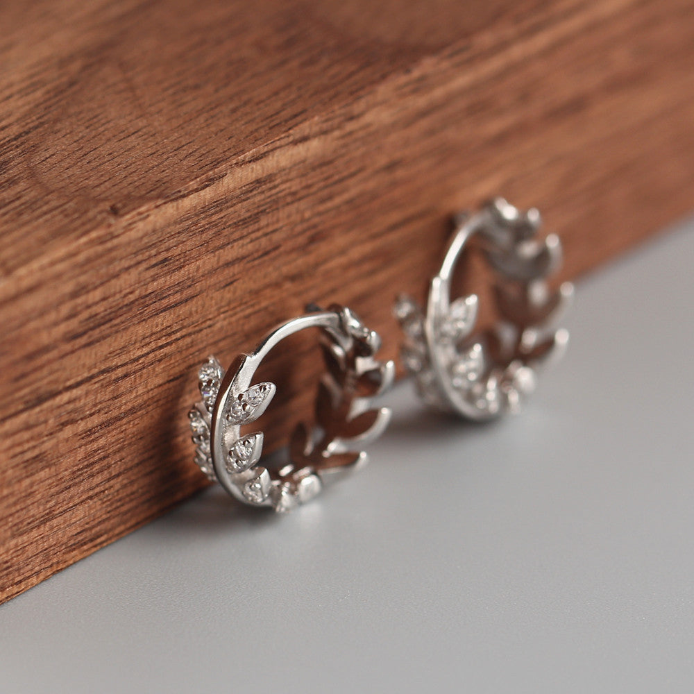 Luxury Elegant 925 Sterling Silver Leaf Rhinestone Inlay Hoop Earrings