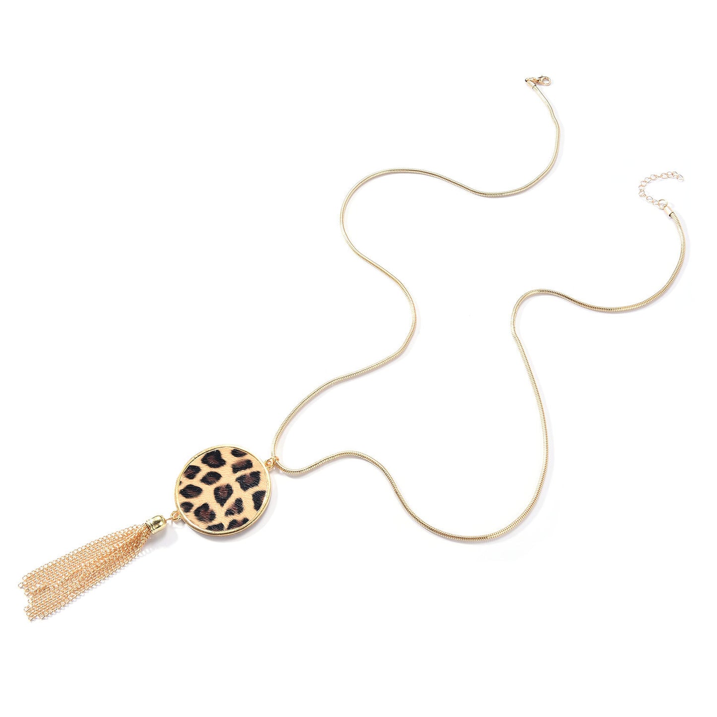 Geometric Leopard Print Plated Alloy Long Tassel Pendant Necklace