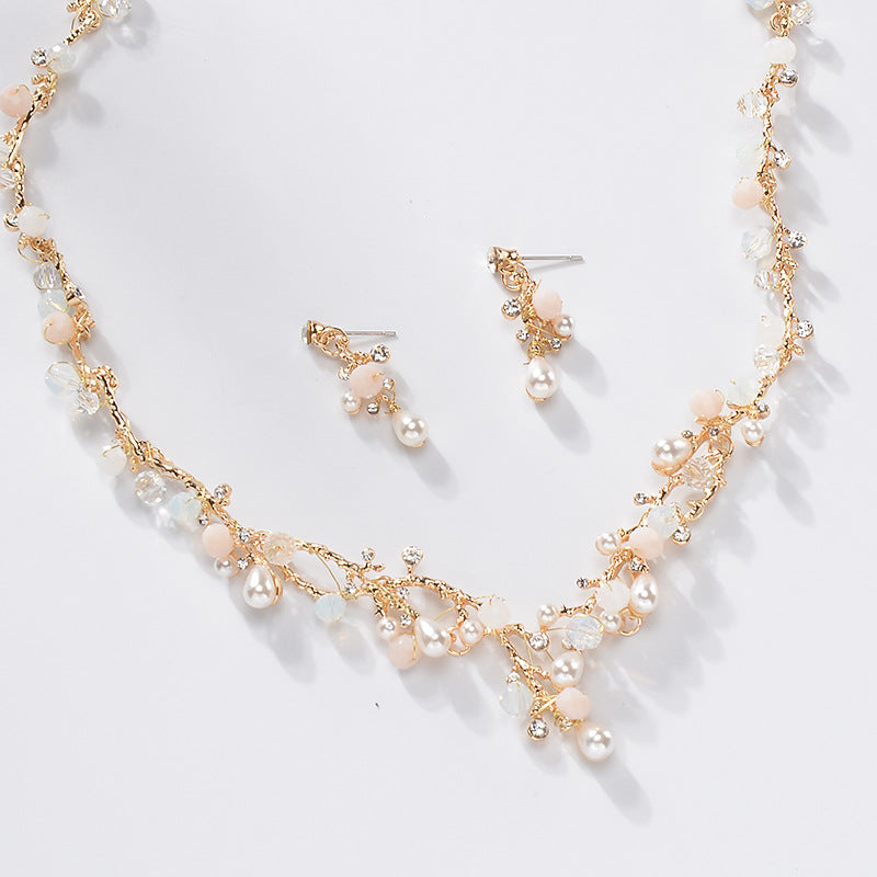 Set Collana e Orecchini con Catena a Serpente Inclusa in Perle di Lega Floreali Eleganti Dolci con Strass per Gioielli da Sposa da Donna