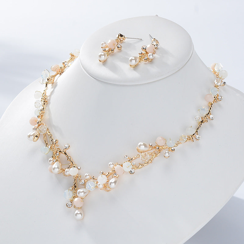 Set Collana e Orecchini con Catena a Serpente Inclusa in Perle di Lega Floreali Eleganti Dolci con Strass per Gioielli da Sposa da Donna
