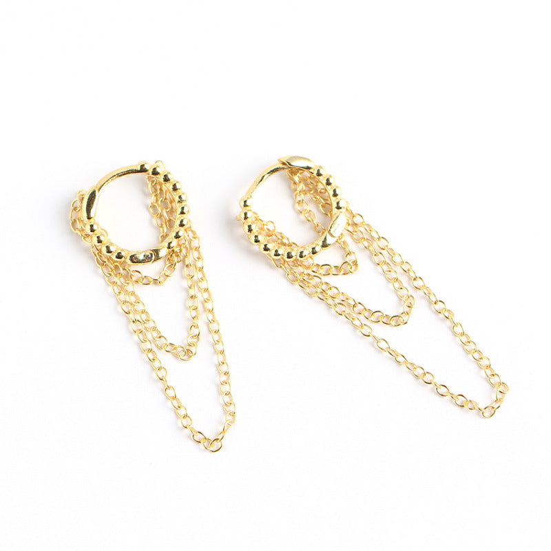 Sweet Streetwear 925 Sterling Silver Round Geometric Hoop Earrings with Tassel and Multi-layer Chains