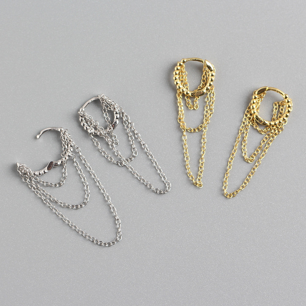 Sweet Streetwear 925 Sterling Silver Round Geometric Hoop Earrings with Tassel and Multi-layer Chains