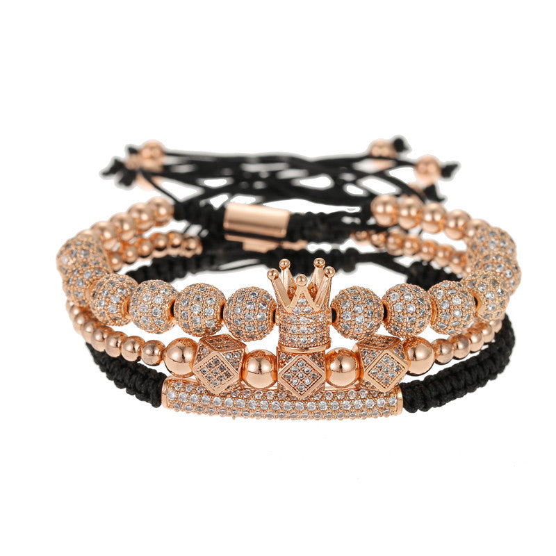 Geometric Brass Beaded Crown Curved Tube Set with Cubic Zirconia for Unisex