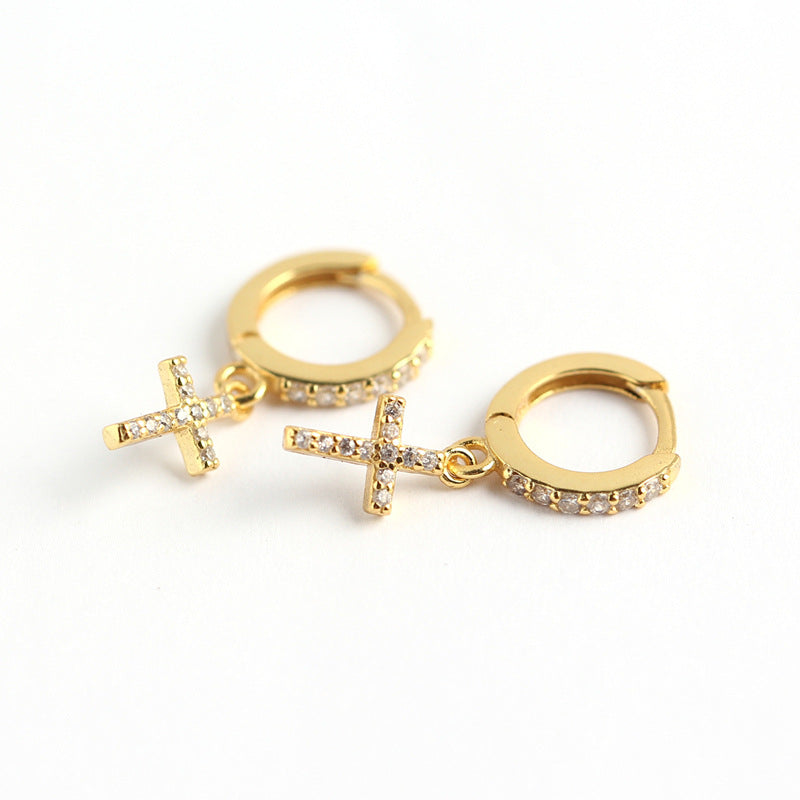 Sweet Minimalist 925 Sterling Silver Cross Rhinestone Inlay Hoop Earrings for Women