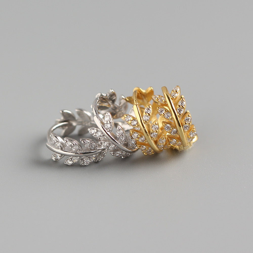 Luxury Elegant 925 Sterling Silver Leaf Rhinestone Inlay Hoop Earrings