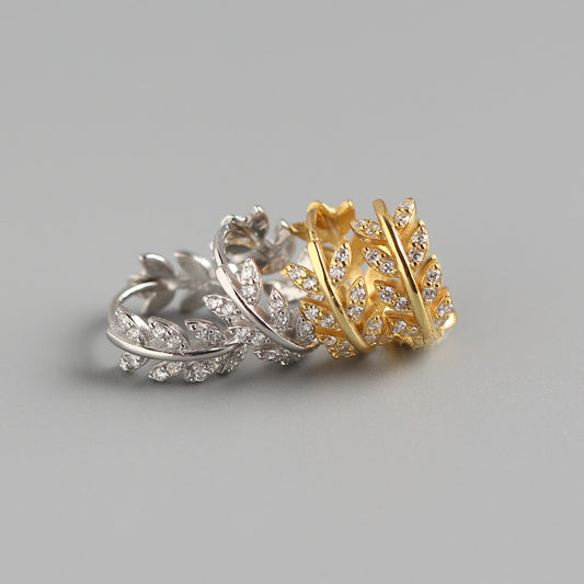 Luxury Elegant 925 Sterling Silver Leaf Rhinestone Inlay Hoop Earrings