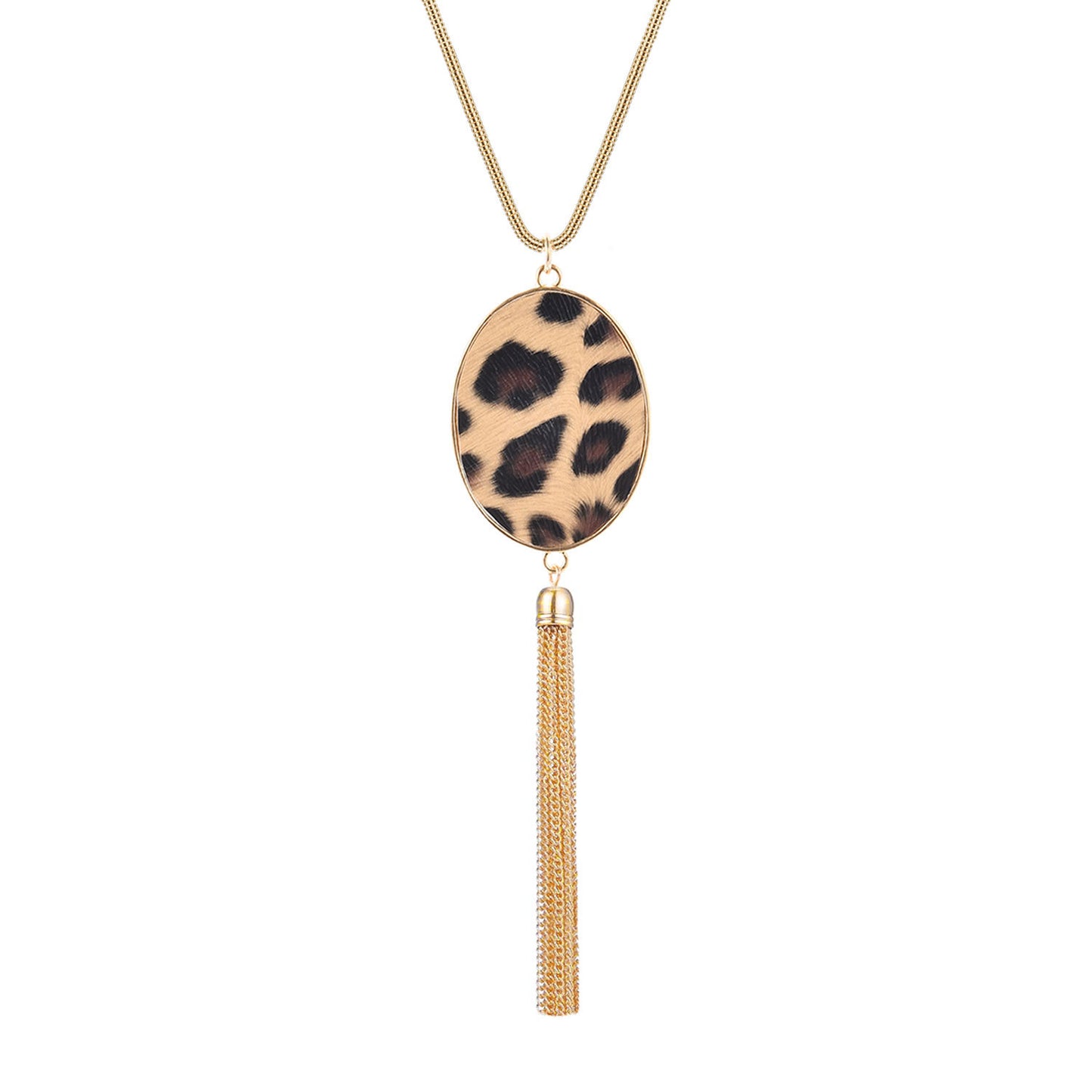 Geometric Leopard Print Plated Alloy Long Tassel Pendant Necklace