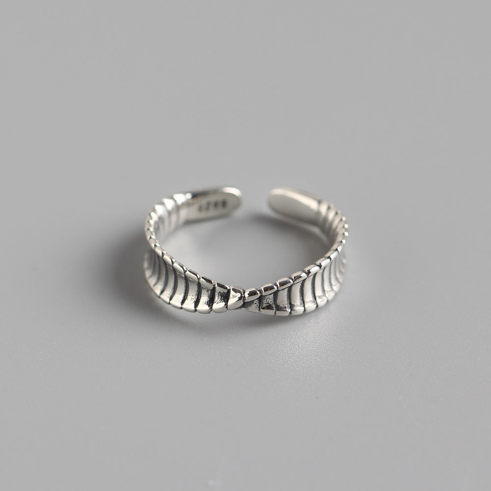 Anello aperto da donna Mobius a onda ritorta geometrica in argento sterling 925 vintage