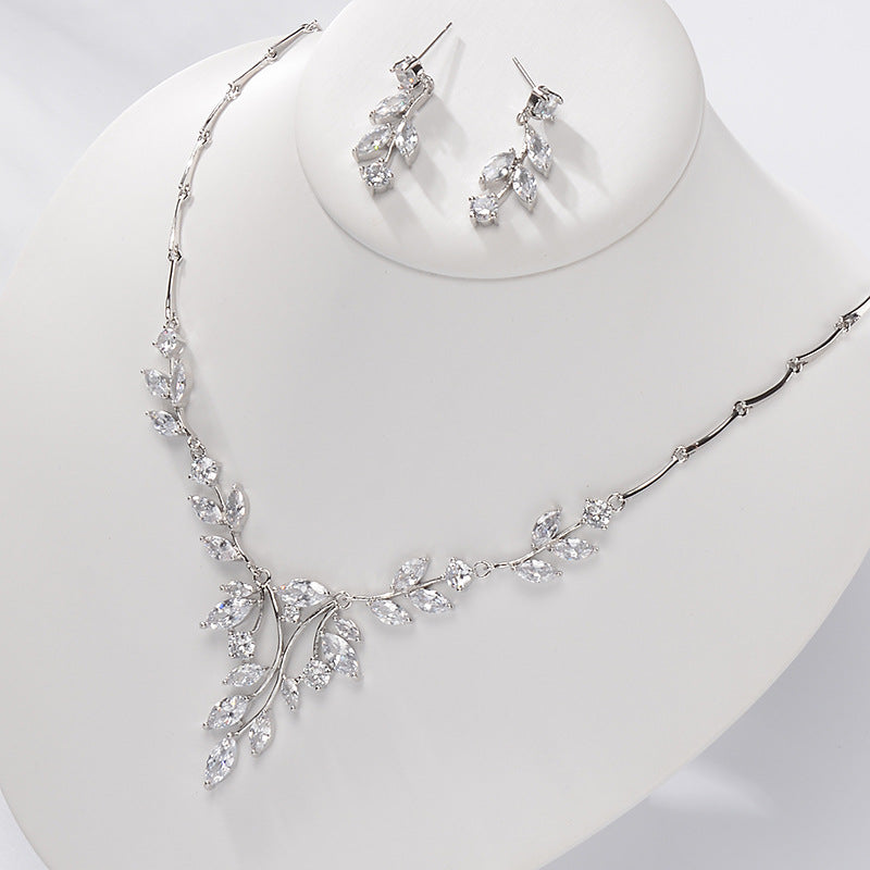 Elegant Brass Necklace and Earrings Set with Cubic Zirconia Inlay and Crystal Pendant for Women