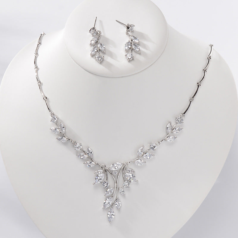 Elegant Brass Necklace and Earrings Set with Cubic Zirconia Inlay and Crystal Pendant for Women