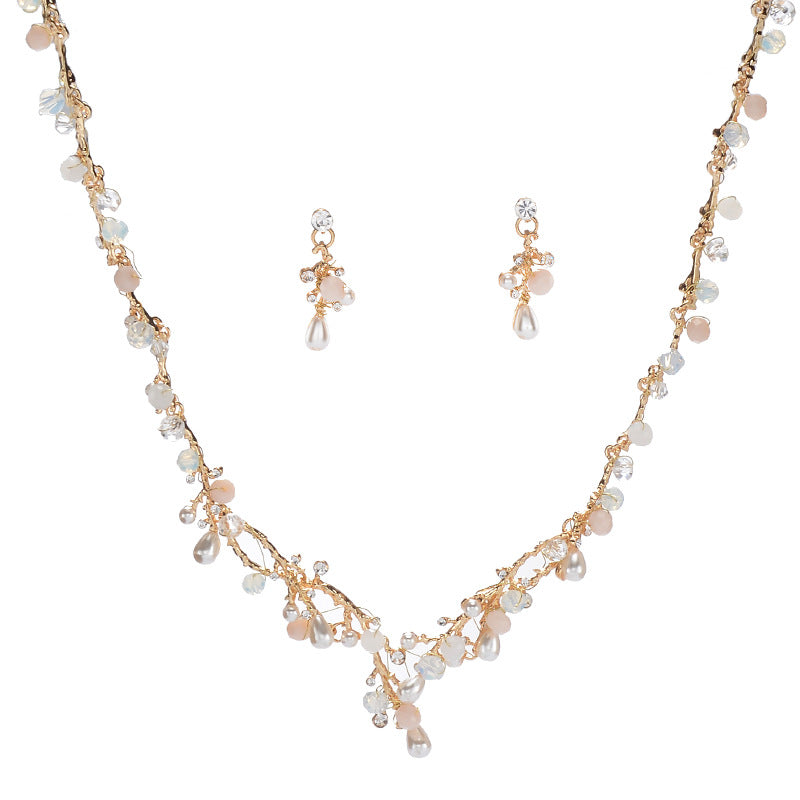 Set Collana e Orecchini con Catena a Serpente Inclusa in Perle di Lega Floreali Eleganti Dolci con Strass per Gioielli da Sposa da Donna
