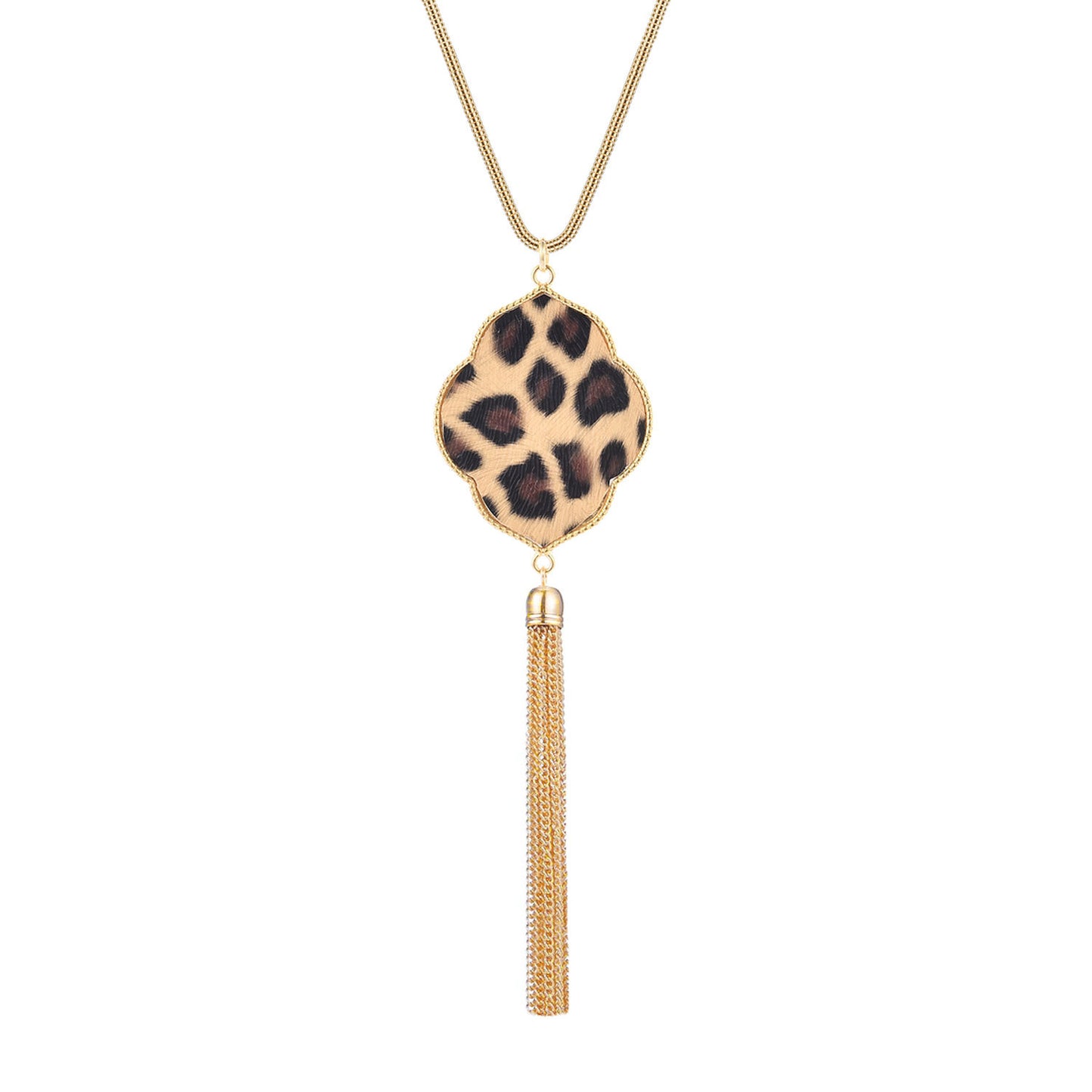 Geometric Leopard Print Plated Alloy Long Tassel Pendant Necklace