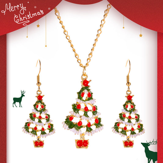 Set di orecchini e collana con albero di Natale in lega placcata alla moda e catena a croce