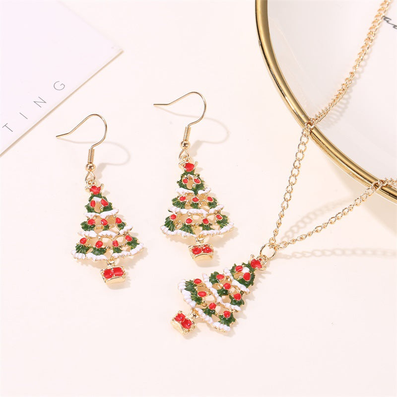 Set di orecchini e collana con albero di Natale in lega placcata alla moda e catena a croce