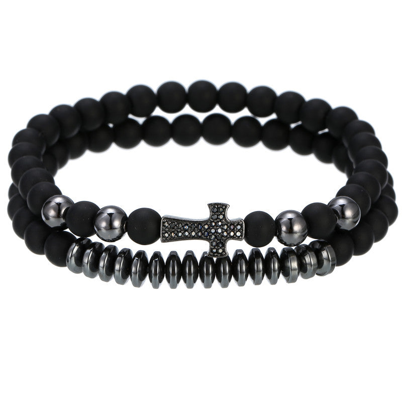 Exaggerated 6mm Matte Black Copper Beaded Bracelet with Pavé Zircon Crown Charm Vintage Hand Chain