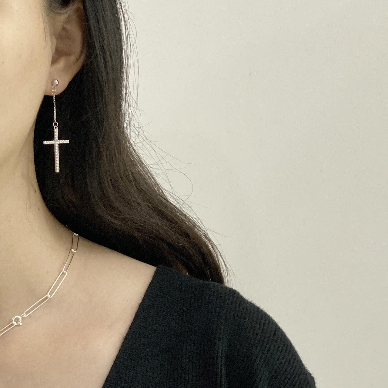 Minimalist 925 Sterling Silver Teardrop Cross Earrings with Rhinestone and Pearl Inlay