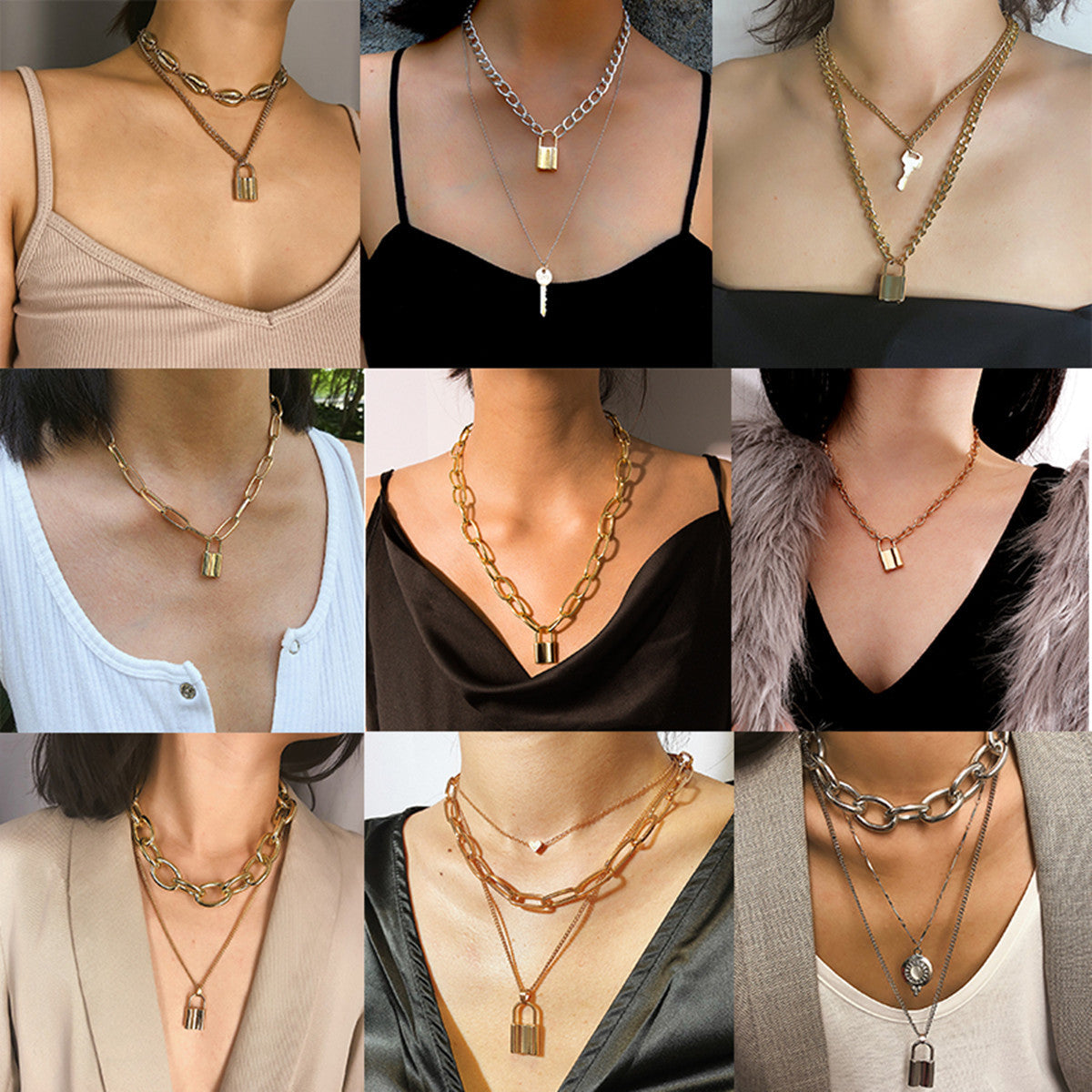 Collana vintage minimalista da donna con ciondolo geometrico a chiave lucchetto in lega