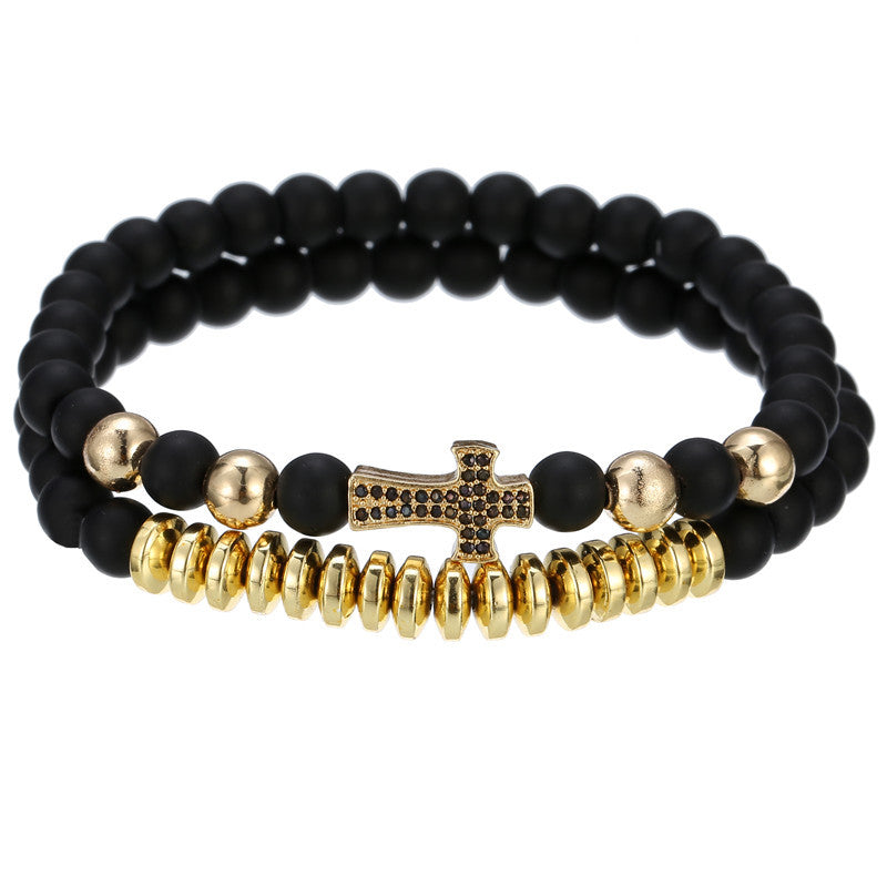 Exaggerated 6mm Matte Black Copper Beaded Bracelet with Pavé Zircon Crown Charm Vintage Hand Chain