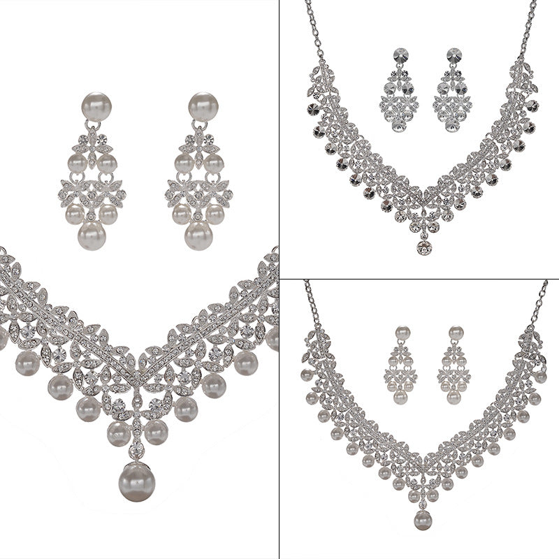 Juego de collar y aretes de aleación con incrustaciones de perlas y pedrería de lujo para mujer
