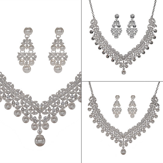 Luxury Rhinestone Pearl Inlaid Alloy Teardrop Necklace Earrings Set for Women