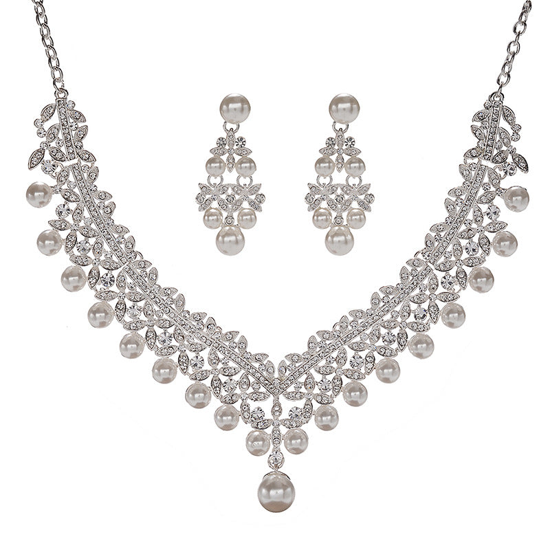 Juego de collar y aretes de aleación con incrustaciones de perlas y pedrería de lujo para mujer