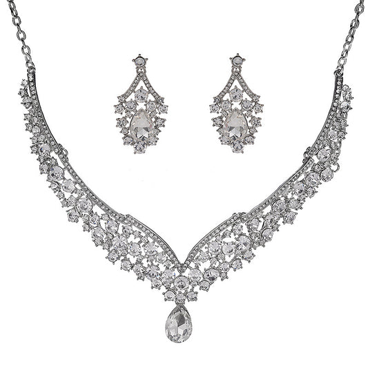 Sweet Elegant Teardrop Rhinestone Pearl Inlay Alloy Necklace and Earring Set with Singapore Chain for Wedding
