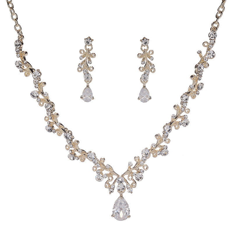 Graziosa collana e orecchini in lega con strass e zirconi cubici, con pendente in cristallo, da donna