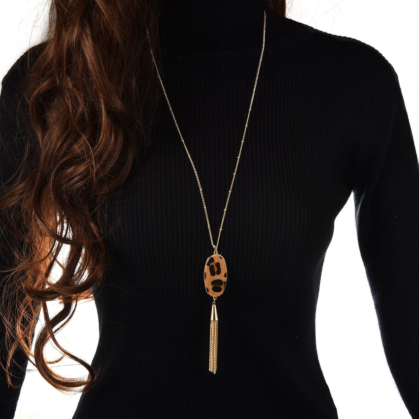 Geometric Leopard Print Tassel Pendant Long Necklace for Women Alloy Ball Chain