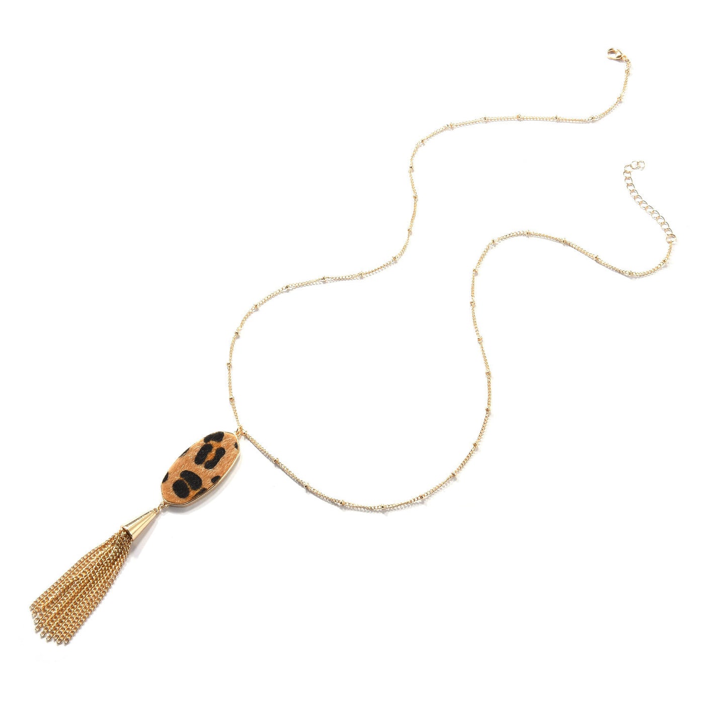 Geometric Leopard Print Tassel Pendant Long Necklace for Women Alloy Ball Chain