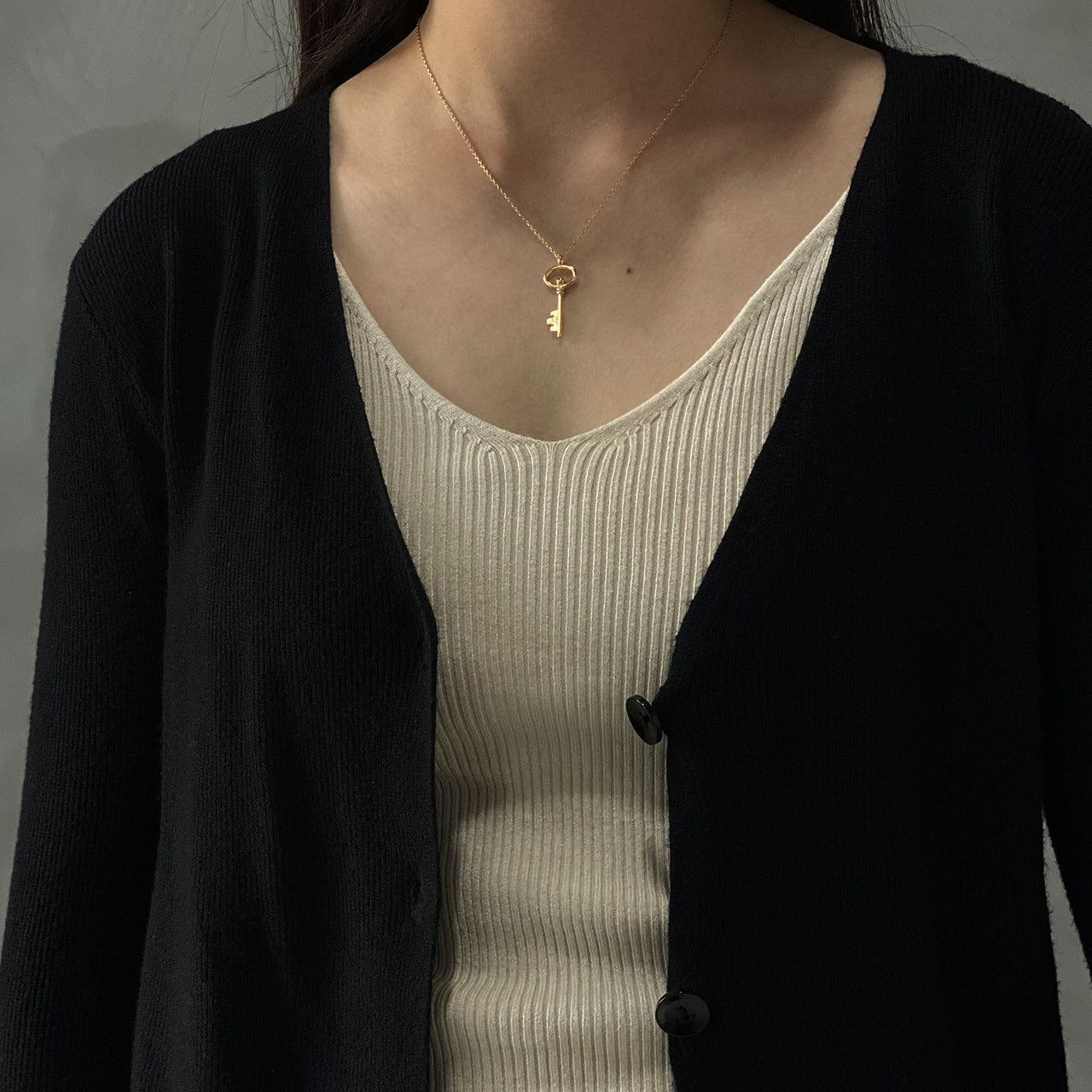 Vintage Minimalist 925 Sterling Silver Key Pendant Necklace with 18K Gold and Platinum Plated Finish