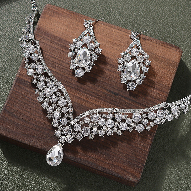 Set collana e orecchini in lega con strass e perle a goccia, eleganti e raffinati, con catena Singapore, per matrimonio