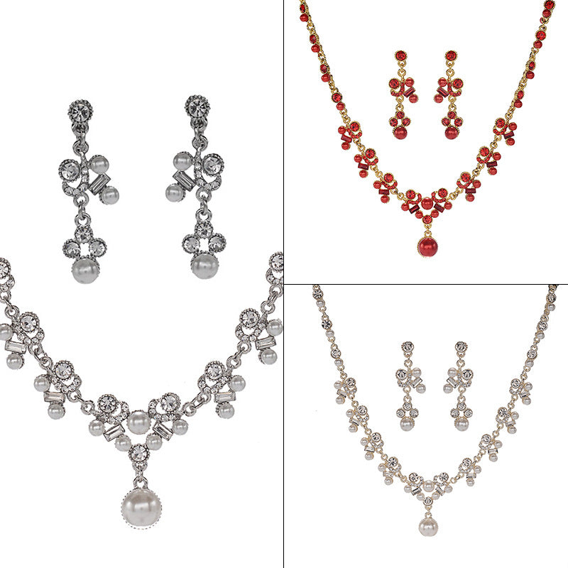 Elegante parure di collana e orecchini in lega con strass e perle intarsiate e catena Singapore, da donna