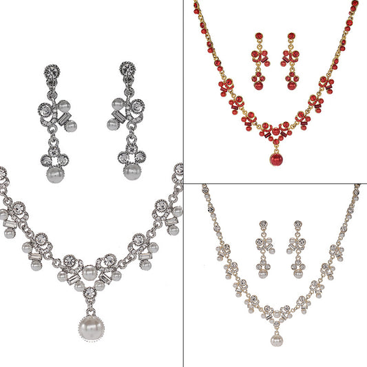 Elegante parure di collana e orecchini in lega con strass e perle intarsiate e catena Singapore, da donna