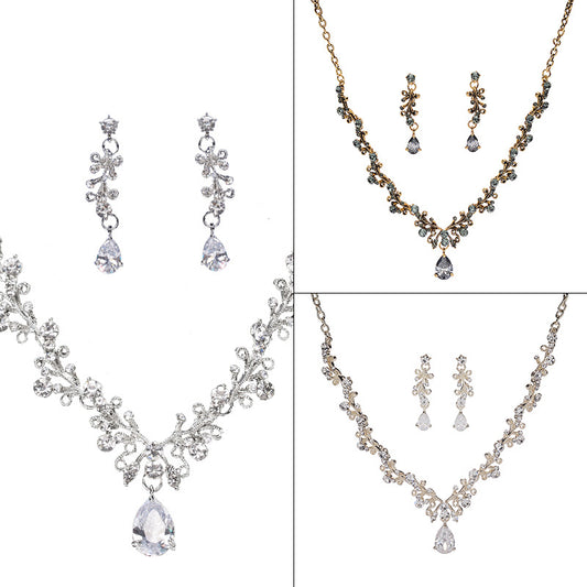 Graziosa collana e orecchini in lega con strass e zirconi cubici, con pendente in cristallo, da donna