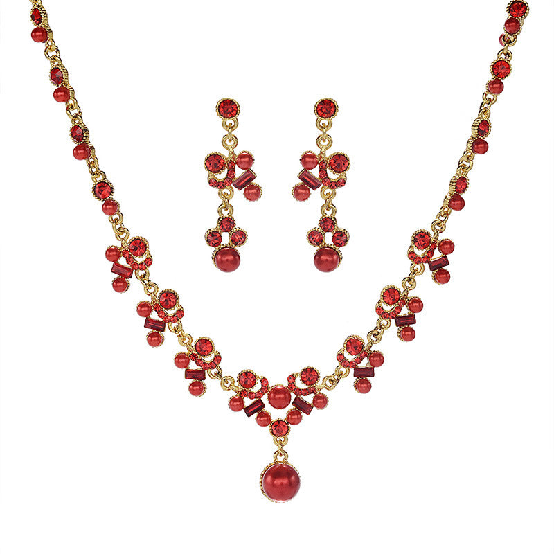 Elegante parure di collana e orecchini in lega con strass e perle intarsiate e catena Singapore, da donna