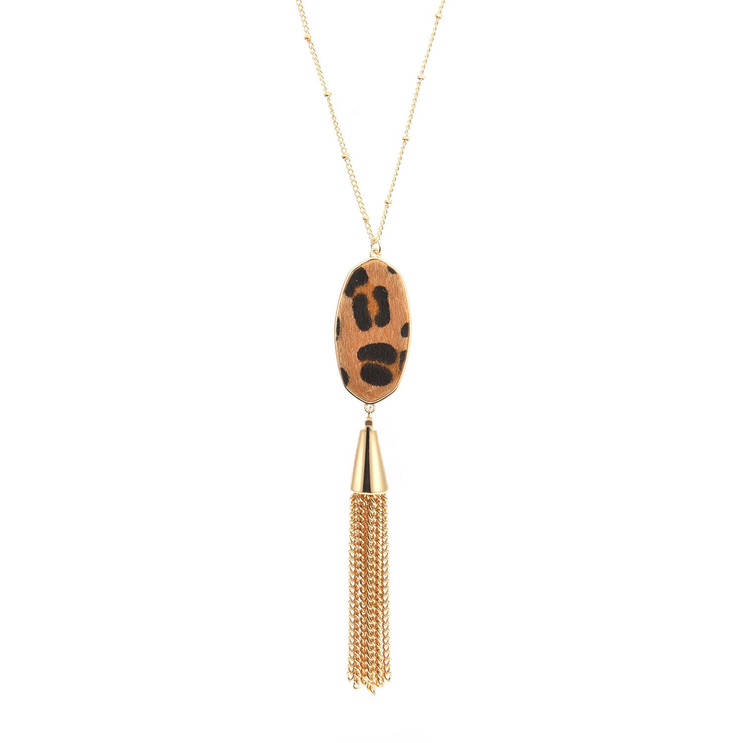 Geometric Leopard Print Tassel Pendant Long Necklace for Women Alloy Ball Chain