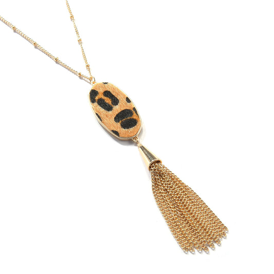 Collana Lunga con Ciondolo Nappa Stampa Leopardo Geometrica da Donna con Catena a Sfera in Lega