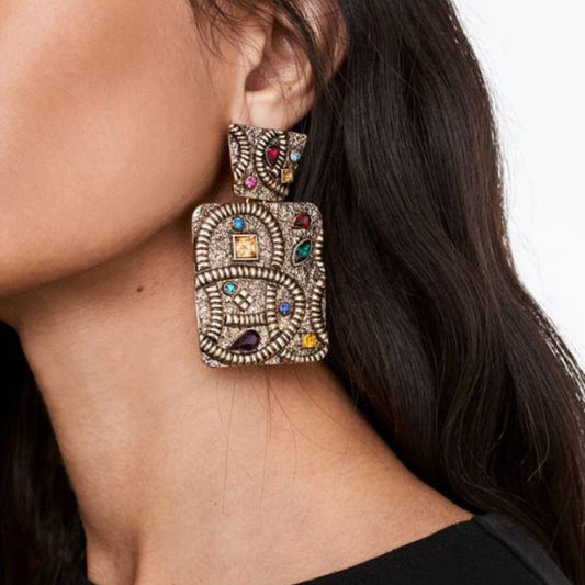 Orecchini geometrici in lega placcata con strass, di lusso vintage, pendenti alla moda retrò