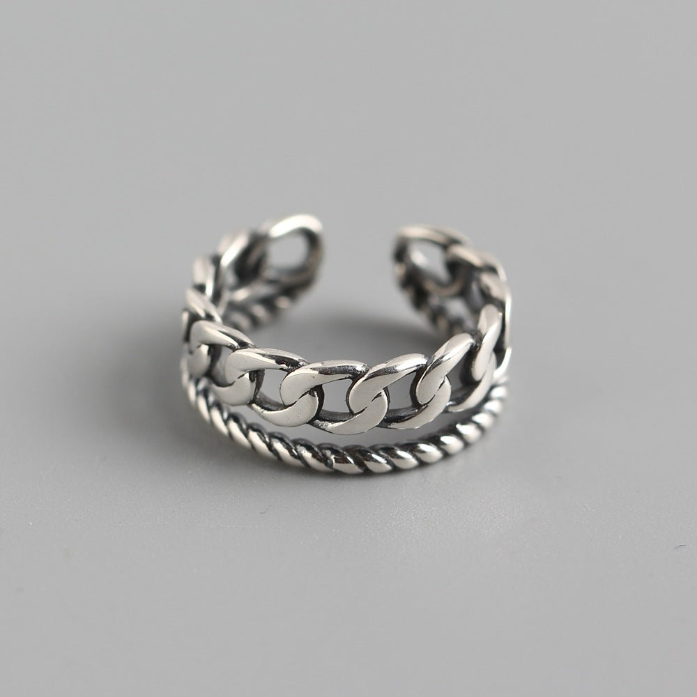 Chic 925 Sterling Silver Double Layer Cuban Link and Rope Chain Ring for Women