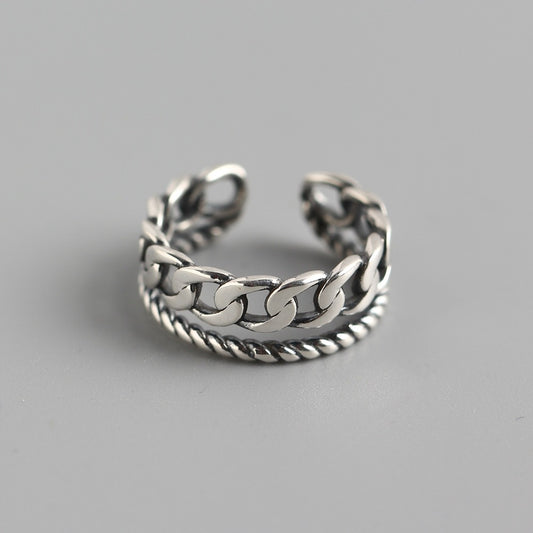 Chic 925 Sterling Silver Double Layer Cuban Link and Rope Chain Ring for Women