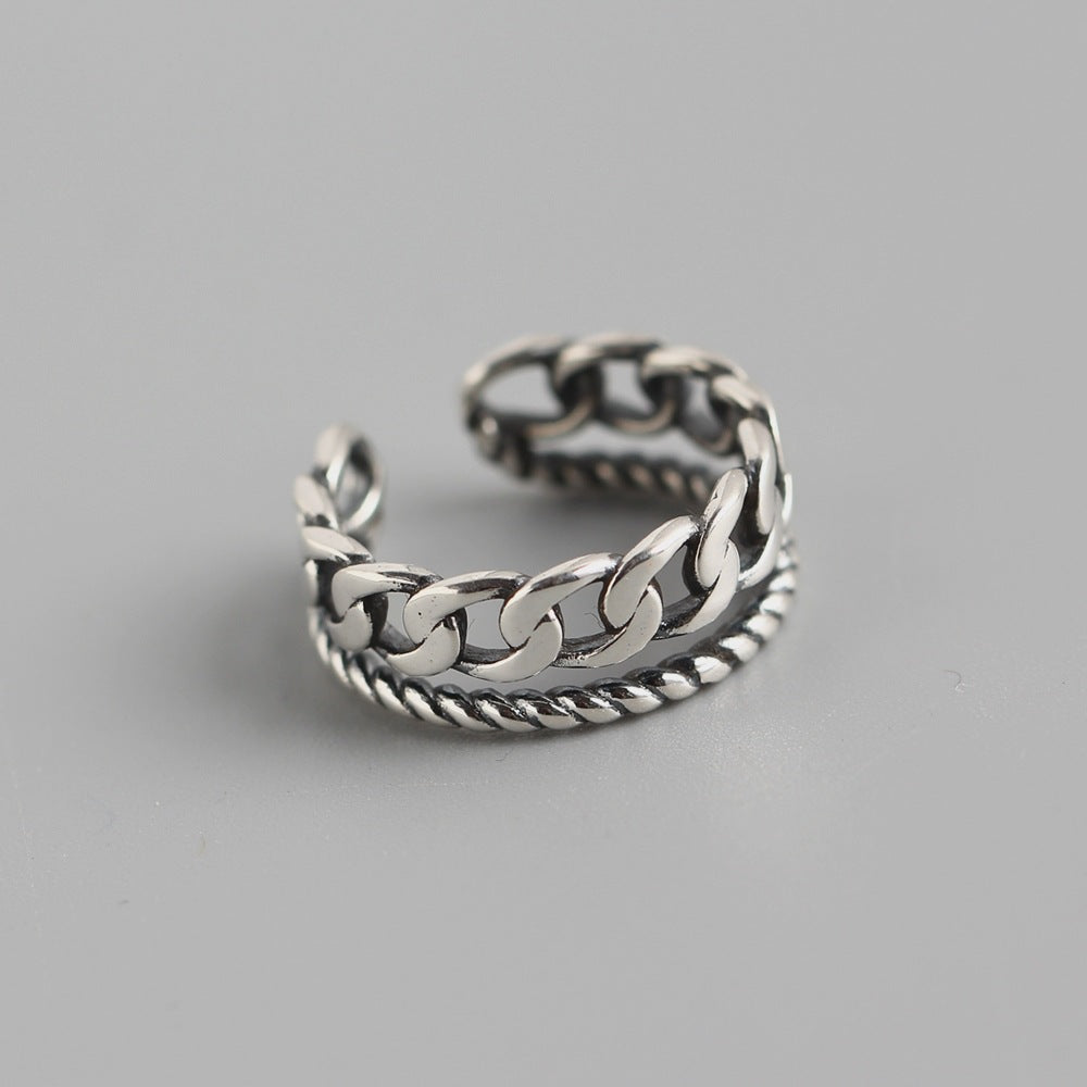 Chic 925 Sterling Silver Double Layer Cuban Link and Rope Chain Ring for Women